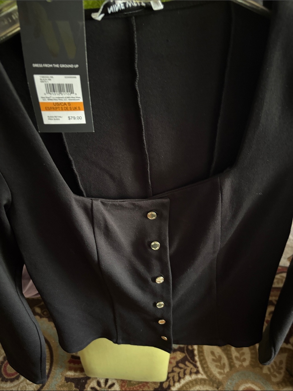 Nine West Black Square-Neck Blazer with Gold Buttons